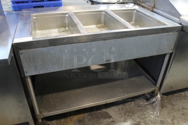 Stainless Steel Commercial Electric Powered 3 Bay Steam Table w/ Under Shelf on Commercial Casters. Tested and Working!
