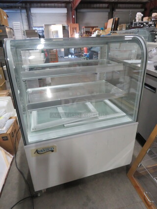 One WORKING Avantco Refrigerated Display Case, With 2 Glass Shelves And 2 Rear Sliding Doors, On Casters. 110-120 Volt. #193BCD36W. 36X27X48