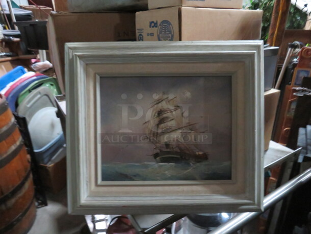Framed Matted VINTAGE Ship Painting. 14X13