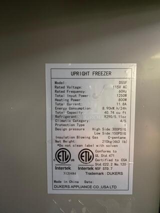 GREAT CONDITION Dukers D55F 2-Door Commercial Freezer in Stainless Steel
