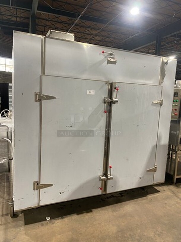 AMAZING! BRAND NEW! NEVER USED! Solid Stainless Steel Commercial 2 Door Roll In Rack Smoker Box! With Racks And Pans Included!