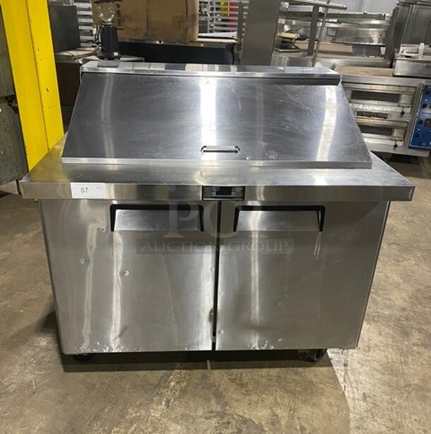 NICE! Bison Commercial Refrigerated Mega Top Sandwich Prep Table! With 2 Door Storage Space Underneath! With Poly Coated Racks! All Stainless Steel! On Casters! Model: BST4818 SN:BST481800320102500K80011 115V 1PH