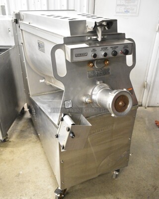 Hobart MG2032 Metal Commercial Floor Style Electric Powered Meat Mixer Grinder w/ Foot Pedal on Commercial Casters. 208 Volts, 3 Phase. Tested and Working!