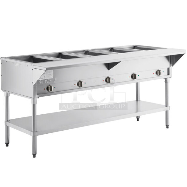 BRAND NEW SCRATCH AND DENT! 2023 ServIt 423EST5WO Stainless Steel Commercial 5 Bay Electric Powered Steam Table. Does Not Come w/ Legs. 208/240 Volts. 