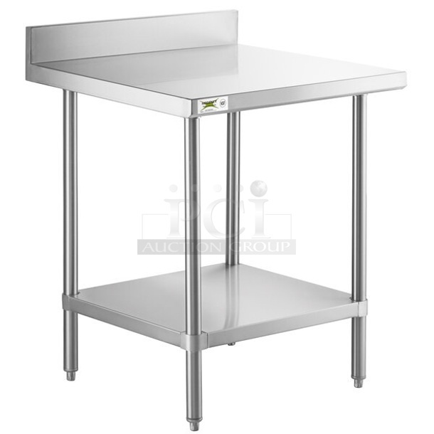 BRAND NEW SCRATCH AND DENT! Regency 600TSB3030S 30" x 30" 16-Gauge Stainless Steel Commercial Work Table with 4" Backsplash and Undershelf