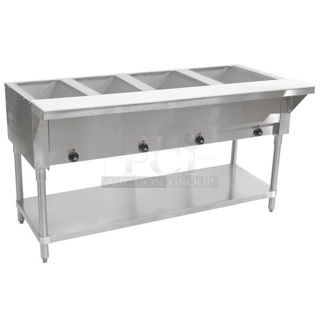 BRAND NEW SCRATCH AND DENT! Advance Tabco SW-4E-240 Stainless Steel Commercial Electric Powered 4 Bay Steam Table. No Legs or Under Shelf. 208/240 Volts, 1 Phase. 