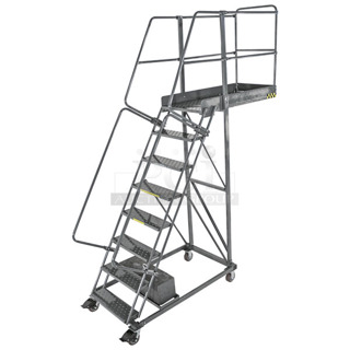 BRAND NEW SCRATCH AND DENT! Ballymore CL-7-14 Perforated 7-Step Heavy-Duty Steel Rolling Cantilever Ladder with 70" Platform Height, 14" Overhang, and 67" Vertical Clearance. May Be Missing Pieces. 