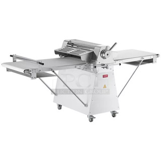 BRAND NEW SCRATCH AND DENT! Estella 348DSF94 Metal Commercial Floor Style Reversible Dough Sheeter on Commercial Casters. 110 Volts, 1 Phase. Tested and Working!