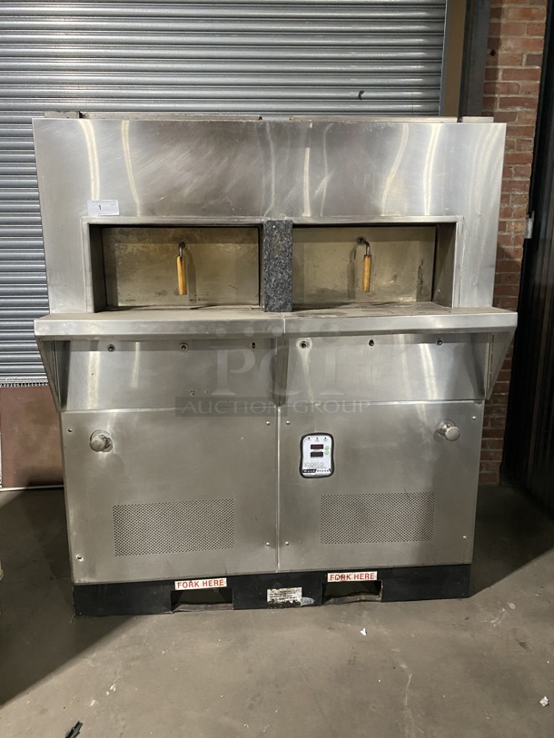 LIKE NEW! Wood Stone Stainless Steel Commercial Floor Style Wood and Gas Fired In Forno Double Deck Pizza Oven! Working When Removed! 