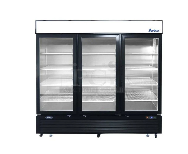 BRAND NEW! 2022 Atosa MCF8728GR Metal Commercial 3 Door Reach In Freezer Merchandiser w/ Poly Coated Racks. 115/208-230 Volts, 1 Phase. 