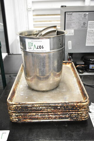 11 Various Items Including 10 Metal Baking Pans and Cylindrical Drop In Bin. 11 Times Your Bid! 