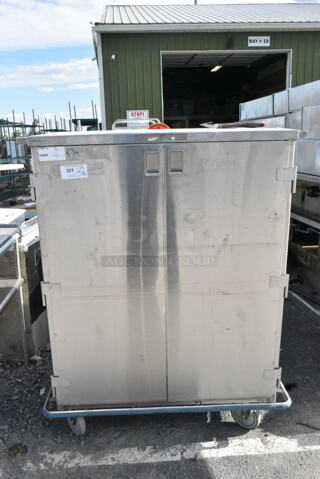 Stainless Steel 2 Compartment Enclosed Transport Rack on Commercial Casters w/ Contents Including Stainless Steel Bins. 