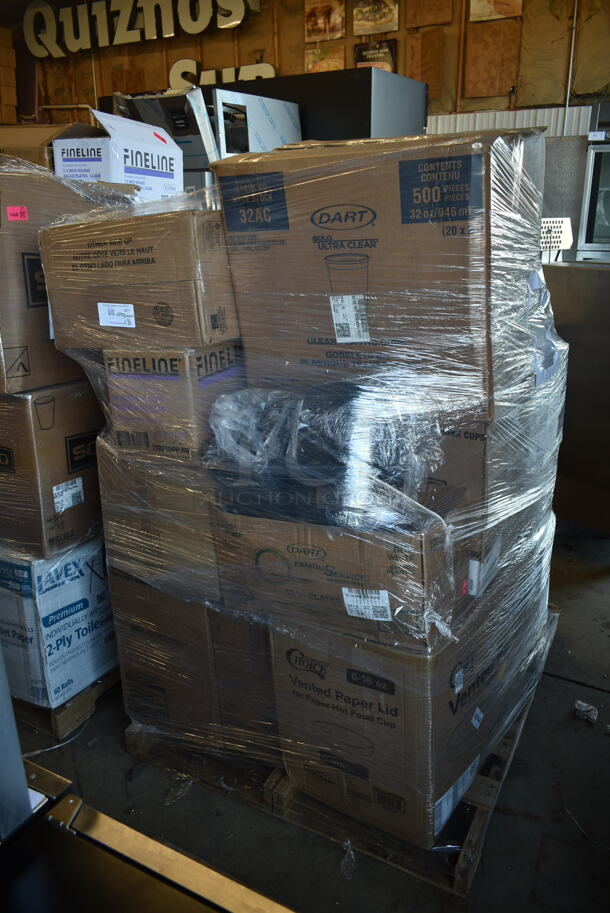PALLET LOT of 18 Various Boxes of Paper Products Including Dart 32AC Clear Cups, Dart Famouservice Dinnerware 10-25" Plates, Fineline 10" Black Plates, Choice 6-16 oz Vented Paper Lids, Fineline 7.5" Salad Plates, Fineline 6" Dessert Plates, Fineline 10" Dinner Plates,  Choice Clear Plastic Lids, Choice Paper Lids, Newspring NC948B. 18 Times Your Bid!