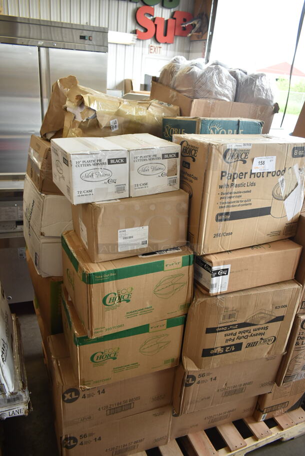 PALLET LOT of 35 BRAND NEW Boxes Including 2 Box 130SERVPIEBK Visions 10" Black Disposable Plastic Pie Server - 72/Case, Vollrath 20369 1/3 Size x 6" D Steam Table / Food Pan, 2 Box 395TO961 EcoChoice 9" x 6" x 3" Compostable Sugarcane / Bagasse 1 Compartment Take-Out Container - 200/Case, 4 Box 36852 XL, 2 Box 128HD12COMBO ChoiceHD 12 oz. Microwavable Translucent Plastic Deli Container and Lid Combo Pack - 240/Case, 612613245HD Choice Half Size Heavy-Duty Foil Steam Pan Deep 2 9/16" Depth - 100/Case. 35 Times Your Bid!