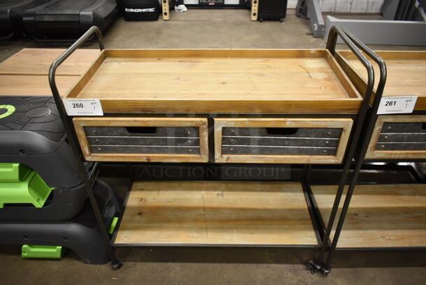 Wooden 2 Tier Cart w/ 2 Drawers and Metal Frame on Casters.
