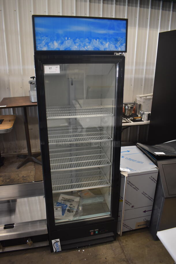 BRAND NEW SCRATCH AND DENT! Avantco GDC-15-HC 25 5/8" Black Swing Glass Door Merchandiser Refrigerator with LED Lighting. Door Broken at Hinge. 115 Volts 1 Phase. Tested and Working!