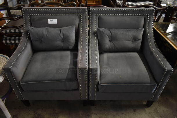2 Gray Chairs w/ Nailhead Trim and Arm Rests. 2 Times Your Bid!