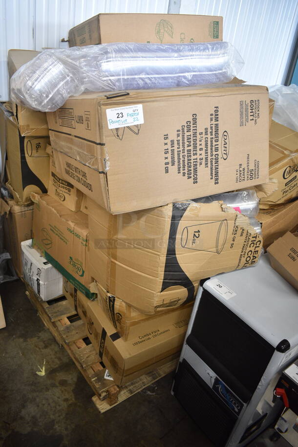 PALLET LOT of 22 BRAND NEW Boxes Including 2 Box 129MCS16B Choice 16 oz. Black 8" x 5 1/4" x 1 1/2" Rectangular Microwavable Heavy Weight Container with Lid - 150/Case, 395TO661 Ecochoice compostable Sugarcane Takeout, 2 Box 612558L Choice 8 1/8" Round Foil-Laminated Board Lid - 500/Case, 130WFORKWP Choice Individually Wrapped Medium Weight White Plastic Fork - 1000/Case, 500CC16HW Choice Heavy Weight 16 oz. Clear Plastic Cold Cup - 1000/Case, 433LSLCPIE Choice 5" Clear Hinged Slice Container with Low Dome Lid, Dart C57PST1 ClearSeal Hinged Lid Plastic Container 6" x 5 13/16" x 3" - 500/Case, Dart 60HT1 White Foam Hinged Lid Container 6" x 6" x 3" - 500/Case, 500CC12 Choice Clear PET Customizable Plastic Cold Cup - 12 oz. - 1000/Case, 433LSLCPIE Choice 5" Clear Hinged Slice Container with Low Dome Lid, Dart 12BWWCR Concorde 10-12 oz. White Non-Laminated Round Foam Bowl - 1000/Case. 22 Times Your Bid! 