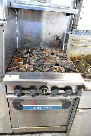 Radiance Stainless Steel Commercial Gas Powered 4 Burner Range w/ Oven, Over Shelf and Back Splash. 