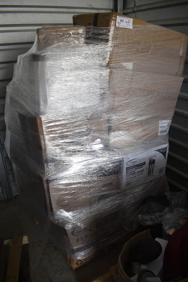 PALLET LOT of 40 BRAND NEW Items Including 55196382RDBR Acopa 24" Mahogany Finish Flight Paddle - 12/Case, 347TCL12 Choice 12 oz. Clear Disposable Plastic Tumbler - 500/Case, 129MCS24 Choice 30 oz. Black 8 3/4" x 6" x 2 3/4" 2-Compartment Rectangular Microwavable Heavy Weight Container with Lid - 150/Case, 130BKFSH Visions Wrapped Black Heavy Weight Plastic Cutlery Pack with Knife, Fork, and Spoon - 500/Case, 795PTOKFT1 Choice Kraft Microwavable Folded Take Out container, 0539472310 Star TSP143IIIU Gray Thermal Receipt Printer with USB, 600WS1248 Regency 16 Gauge Stainless Steel 12" Wide Heavy Duty Solid Wall Shelf, 592574182 Nemco 57418-2 3/8" Blue Push Block, TS1000 Lancaster Table & Seating 10" Cast Iron Table Base Spider, Carnival King 46 oz. Popcorn Cup - 500/Case. 40 Times Your Bid! 