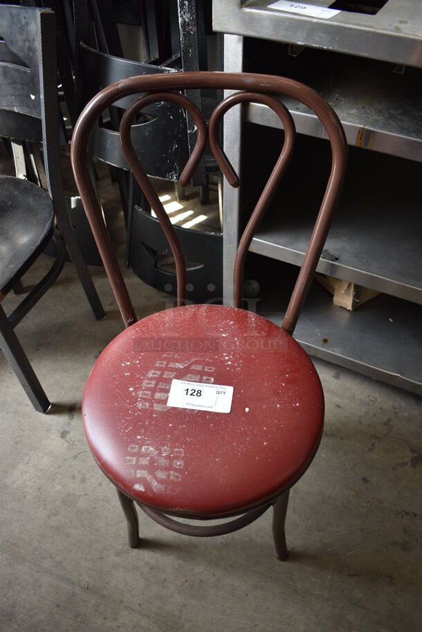 Brown Metal Dining Chair w/ Red Seat Cushion. 17x17x33