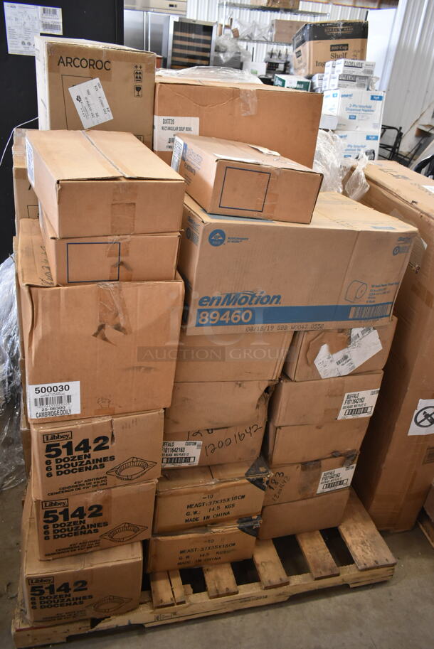 PALLET LOT of 31 BRAND NEW Boxes Including 3 Box Libbey 5142 4.25" Glass Ashtray, 4 Box CAC SC-12B Oval Platters, 89460 EnMotion Paper Towels, BHS186 Hoffmaster Placemats, F1011642163 Geo Black Neo Plate, 2 Box 310522 Hoffmaster Ecru Ivory Placemats, 500030 Cambridge Doily, 9 Box Arcoroc Perfect Tumbler Goblet FH 48. 31 Times Your Bid!