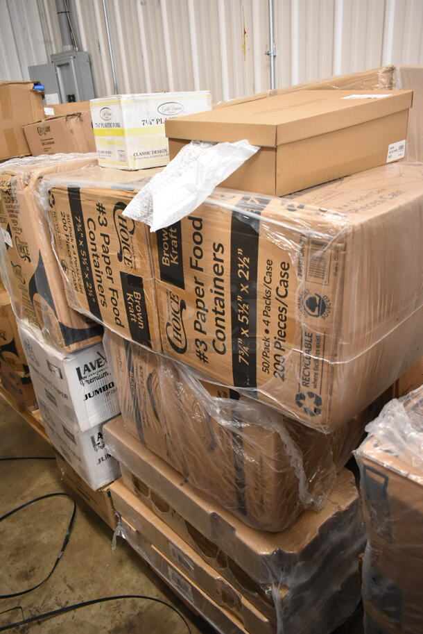 PALLET LOT of 24 BRAND NEW Boxes Including Vava01S1 9.0 Black Paris, 130GDFRK400C Visions 7 1/4" Classic Heavy Weight Gold Plastic Fork - 400/Case, 2 Box 795PTOKFT8 Choice Kraft Microwavable Folded Paper #8 Take-Out Container 6" x 4 5/8" x 2 1/2" - 300/Case, 2 Box 122MCS28B CHoice 28 oz Containers, 245CB12PLN Choice 12" x 12" x 2" Kraft Customizable Corrugated Plain Pizza Box - 50/Case, 500LFLAT Choice Clear Flat Lid with Straw Slot - 9, 12, 16, 20, and 24 oz. - 1000/Case, 2 Box 612605070HD Choice Full Size Heavy-Duty Foil Steam Table Pan Deep 3 3/8" Depth - 50/Case, 2 Box 500CC32P Choice Clear PET Plastic Cold Cup - 32 oz. - 500/Case, 2 Box 5002TPJPR1K Lavex Premium 2-Ply Jumbo 1000' Toilet Paper Roll with 9" Diameter - 12/Case, 3 Box 433472 Tellus Plates. 24 Times Your Bid! 