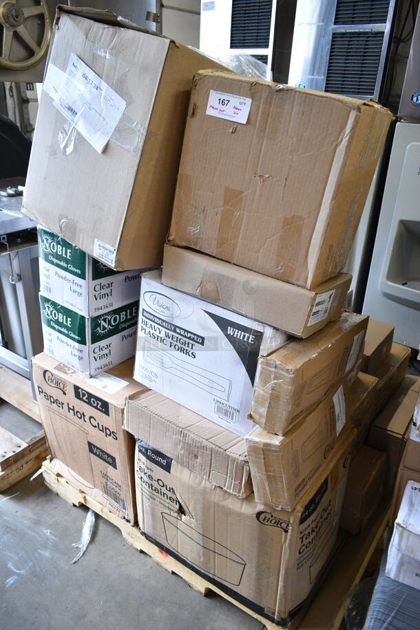 PALLET LOT of 20 BRAND NEW Boxes Including 50012W Choice 12 oz. White Poly Paper Hot Cup - 1000/Case, 394365L Noble Products Powder-Free Disposable Clear Vinyl Gloves for Foodservice - Large - 1000/Case, 795KFT44RNPE Choice 44 oz. Round Kraft PE-Lined Microwavable Take-Out Container 7 5/16" x 2 5/8" - 300/Case, 130HCUTFWR Visions Individually Wrapped White Heavy Weight Plastic Fork - 1000/Case, 2 Box 17622STPNLCL Choice 22 oz. Clear SAN Plastic Paneled Tumbler - 12/Pack, 5014455HVY Lavex Hercules 56 Gallon 2 Mil 44" x 55" Low Density Heavy-Duty BlackCan Liner / Trash Bag - 50/Case, 395TO961 EcoChoice 9" x 6" x 3" Compostable Sugarcane / Bagasse 1 Compartment Take-Out Container - 200/Case, 5012423M1 Lavex Li'l Herc 10 Gallon 1 Mil 24" x 23" Low Density Medium-Duty Black Can Liner / Trash Bag - 500/Case, Purell 5215-02 Healthy Soap. 20 Times Your Bid!