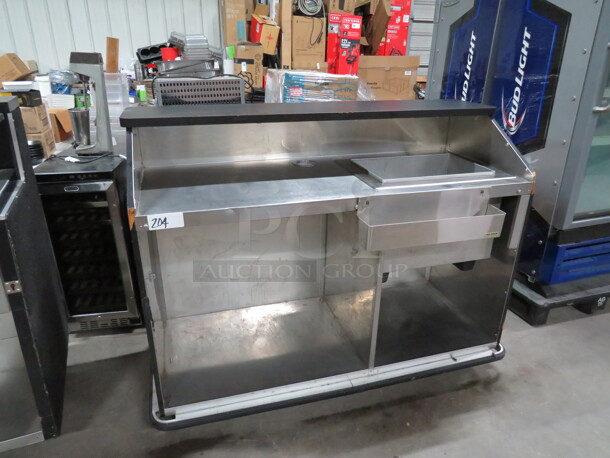 One FWE Portable Beverage Cart With Under Shelf, San Jamar Speed Rail Attached, Ice Well With Cold Plate. 59.5X30X46