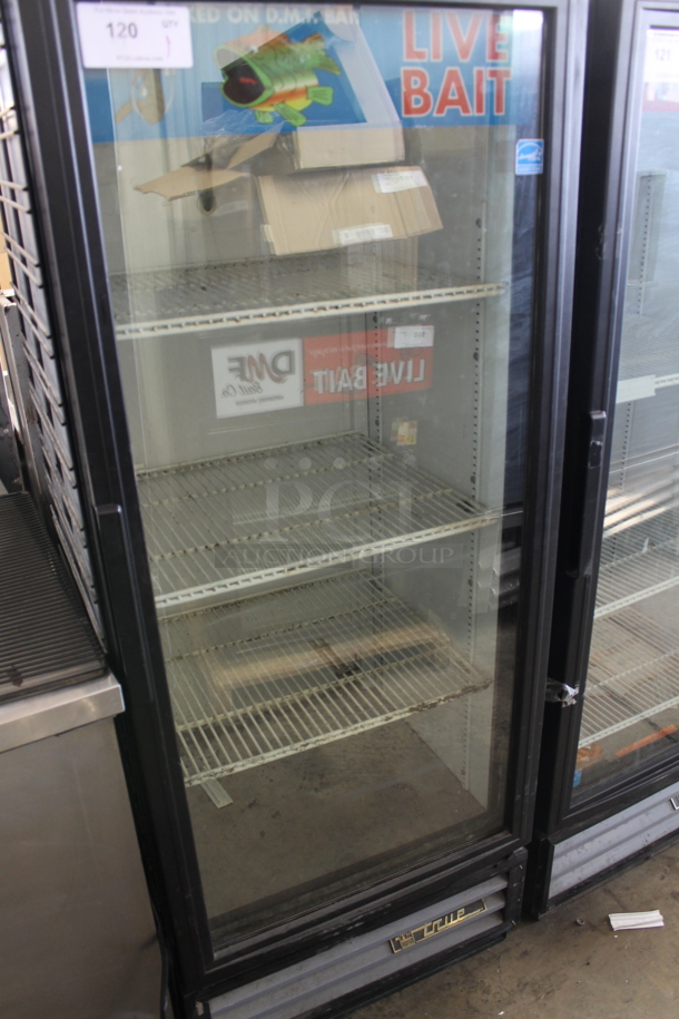 True GDM-12 Metal Commercial Single Door Reach In Cooler Merchandiser w/ Poly Coated Racks. 115 Volts, 1 Phase. Tested and Powers On But Does Not Get Cold