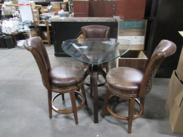 One AMAZING Conversation Set!!!! 1 Wooden Table Base With A Glass Top In A Guitar Pick Shape, With 3 AWESOME Wooden Swivel Leather Look Chairs With Footrest. Seat Height 26 Inches. Table 38X38X36. 4XBID. you will receive 1 table and 3 Chairs!