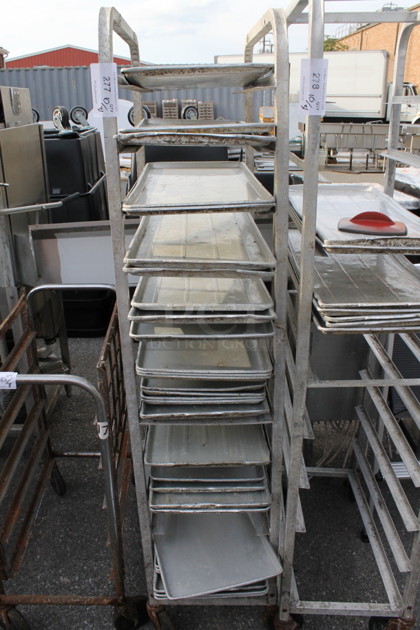 Metal Commercial Pan Transport Rack w/ 26 Metal Pans on Commercial Casters.