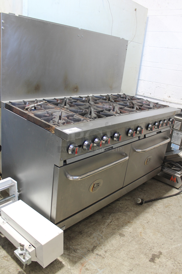 Cooking Performance Group CPG 351S60N Stainless Steel Commercial Natural Gas Powered 10 Burner Range w/ 2 Ovens, Over Shelf and Back Splash. 360,000 BTU.