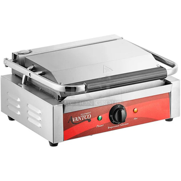 BRAND NEW IN BOX! Avantco 177P78  Stainless Steel Commercial Countertop Panini Press. 120 Volts, 1 Phase. 16x15x9. (bar)