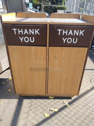 "THANK YOU!" LAMINATED WOODEN DOUBLE RESTAURANT TRASH CAN WITH CABINETS AND TRAY TOP