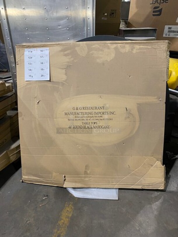 IN THE BOX! G & G Commercial 48" Round Black/ Mahogany Tabletops! With Metal Base! EACH LOT MAY HAVE DIFFERENT STYLE METAL BASE! EACH BOX HAS 2 TABLETOPS! 1 BOX PER LOT NUMBER! 2x Your Bid!