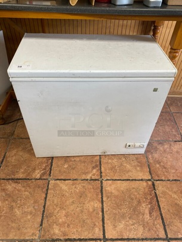 General Electric Commercial Reach Down Chest Freezer/ Cooler! With Hinged Top Lid! WORKING WHEN REMOVED! Model: FCM7SUBWW SN: AT106342 115V 60HZ 1 Phase
