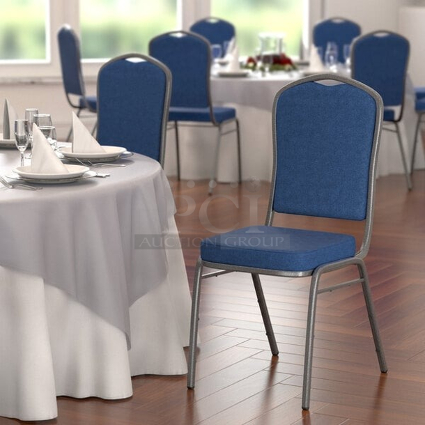 BRAND NEW SCRATCH & DENT! Lancaster Table & Seating 164BNQCRNVY Navy Fabric Crown Back Stackable Banquet Chair with Silver Vein Frame. The legs are bent. 17-1/3x21-11/16x37-3/4. 4x Your Bid