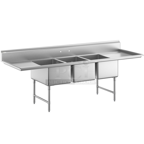 BRAND NEW SCRATCH AND DENT! Regency 600S31818218 Stainless Steel 3 Bay Sink w/ Dual Drain Boards. No Legs. 