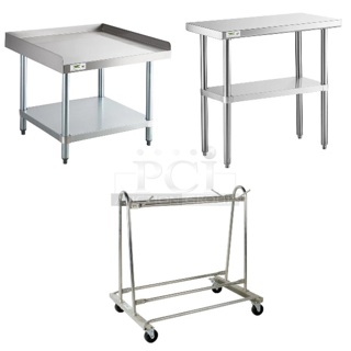 3 BRAND NEW SCRATCH AND DENT! Items Including Regency 600ES3030G 30" x 30" 16-Gauge Stainless Steel Equipment Stand with Galvanized Undershelf, Regency 600TS1836S 18" x 36" 16-Gauge 304 Stainless Steel Commercial Work Table with Undershelf, Lavex 6006477KD Mat Transport and Wash Cart. 3 Times Your Bid! May Be Missing Pieces. 