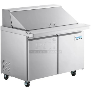 BRAND NEW SCRATCH AND DENT! 2023 Avantco 178SSPT48MHC Stainless Steel 48" 2 Door Mega Top Stainless Steel Refrigerated Sandwich Prep Table on Commercial Casters. 115 Volts, 1 Phase.  