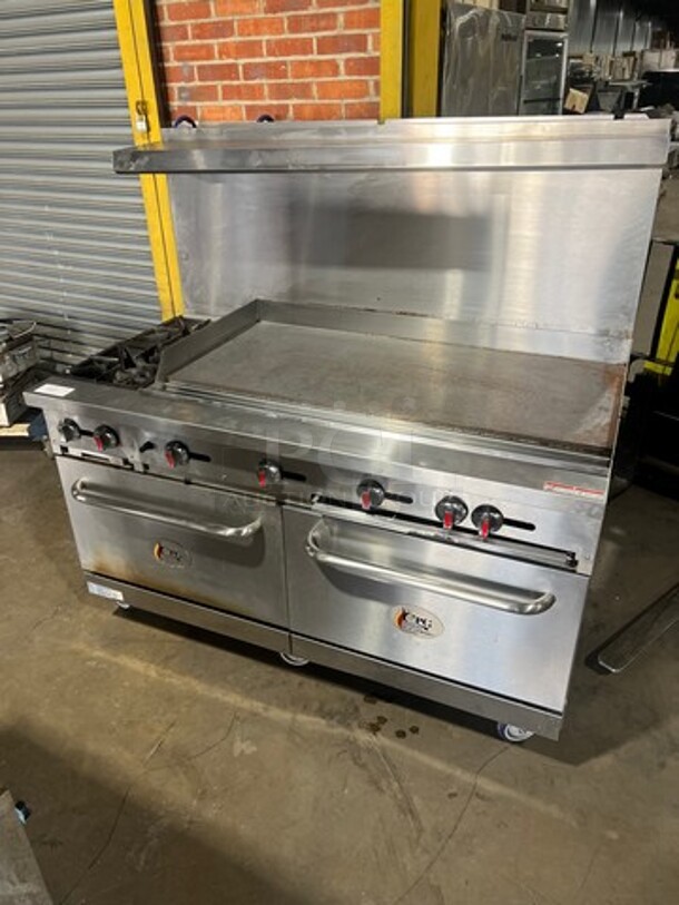 CPG Commercial LP Powered Flat Top Griddle Stove With Left Side 2 Burner! Griddle Has Side Splashes! With Raised Back Splash And Salamander Shelf! With 2 Oven Underneath! Metal Oven Racks! All Stainless Steel! On Casters! Model: S60G48L SN: 09227429