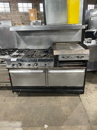 Garland Natural Gas Powered 6 Burner Stove With Raised 24" Flat Griddle & Cheese Melter Combo! With 2 Full Size Ovens Underneath!  With Backsplash & Overhead Salamander Shelf! On Legs!