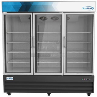 BRAND NEW SCRATCH & DENT! Koolmore MDR-3GD 78 in. Three-Door Merchandiser Refrigerator - 53 Cu Ft. Cosmetic Damage. Metal Piece on top is bent. Tested. Works. 