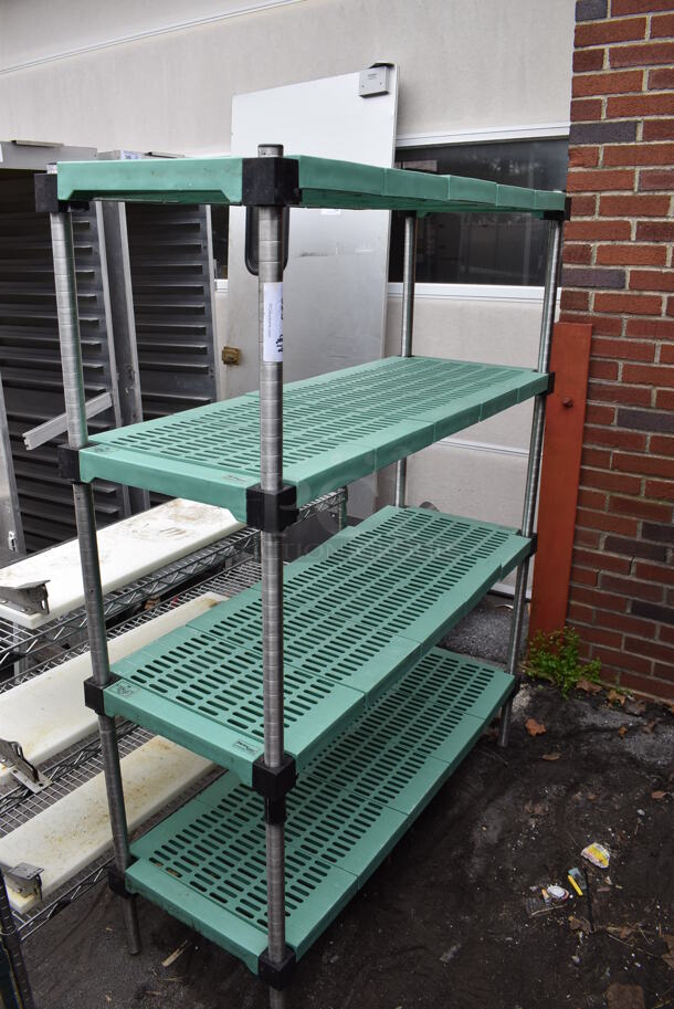 Metal and Poly 4 Tier Shelving Unit. BUYER MUST DISMANTLE. PCI CANNOT DISMANTLE FOR SHIPPING. PLEASE CONSIDER FREIGHT CHARGES.