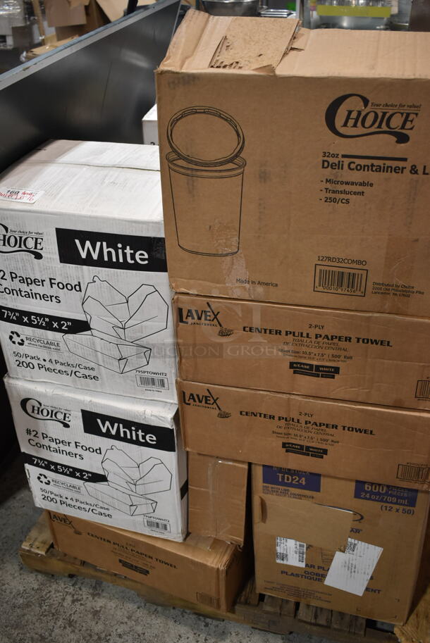 PALLET LOT of 16 BRAND NEW Boxes Including 2 Box 795PTOWHT2 Choice 7 3/4" x 5 1/2" x 2" White Microwavable Folded Paper #2 Take-Out Container - 200/Case, 2 Box 5002CPTE Lavex 2-Ply White Center Pull Paper Towel 510' Roll - 6/Case, 127RD32COMBO Choice 32 oz. Microwavable Clear Round Deli Container and Lid Combo Pack - 250/Case, Solo Ultra Clear™ TD24 24 oz. Customizable Clear PET Plastic Cold Cup - 600/Case, 3 Box Tork Universal Natural Kraft Singlefold Paper Towel H22 - 4000/Case, Choice Portion Cups. 16 Times Your Bid!