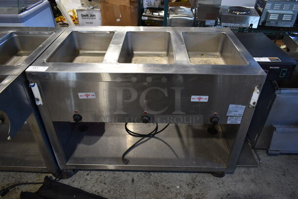 Supremetal PSW-3E-208/240-BS-MOE Stainless Steel Commercial Floor Style 3 Bay Steam Table w/ Under Shelf on Commercial Casters. 208/240 Volts, 1 Phase. 
