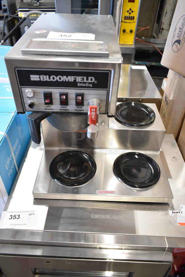 Bloomfield 8572 Stainless Steel Commercial Countertop 3 Burner Coffee Machine w/ Hot Water Dispenser and Poly Brew Basket. 120 Volts, 1 Phase. - Item #1118009