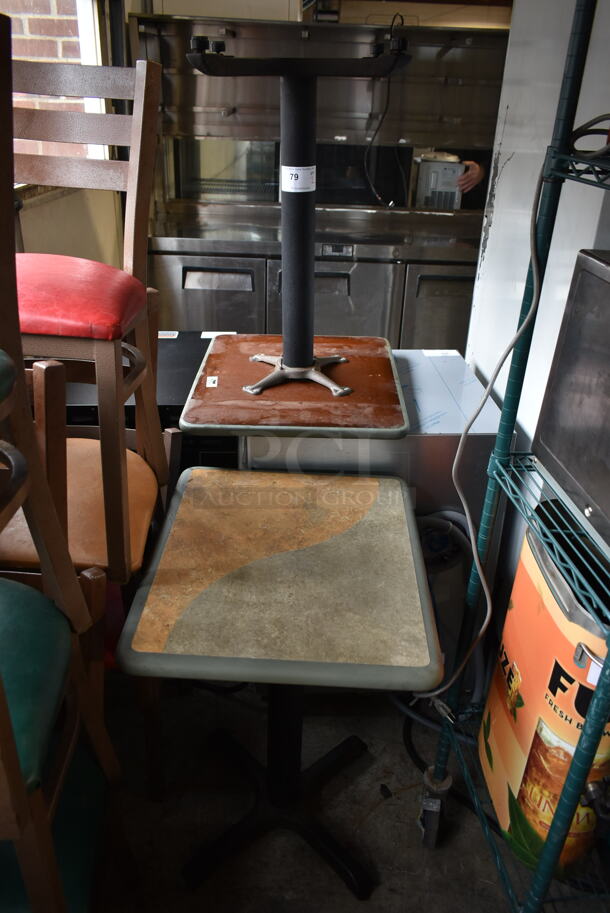 2 Green Gray / Tan Dining Height Table on Metal Table Base. 2 Times Your Bid!