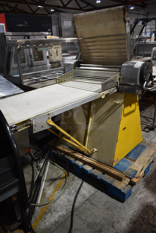 Seewer Rondo SS063 C Metal Commercial Floor Style Reversible Dough Sheeter. 1 Arm Needs To Be Reattached. 240 Volts, 1 Phase. 